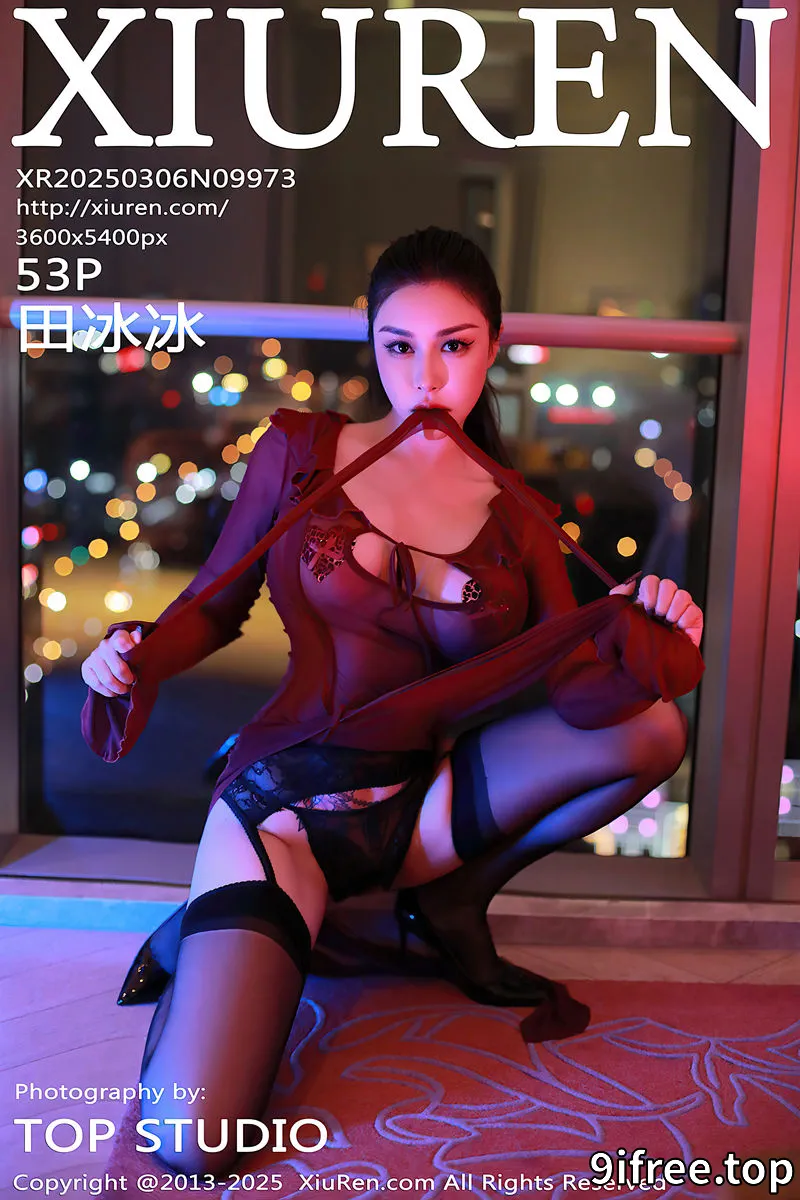 [XiuRen秀人网] NO.9973 模特田冰冰性感酒红色薄纱连衣裙配黑丝吊袜秀丰满身材诱惑写真